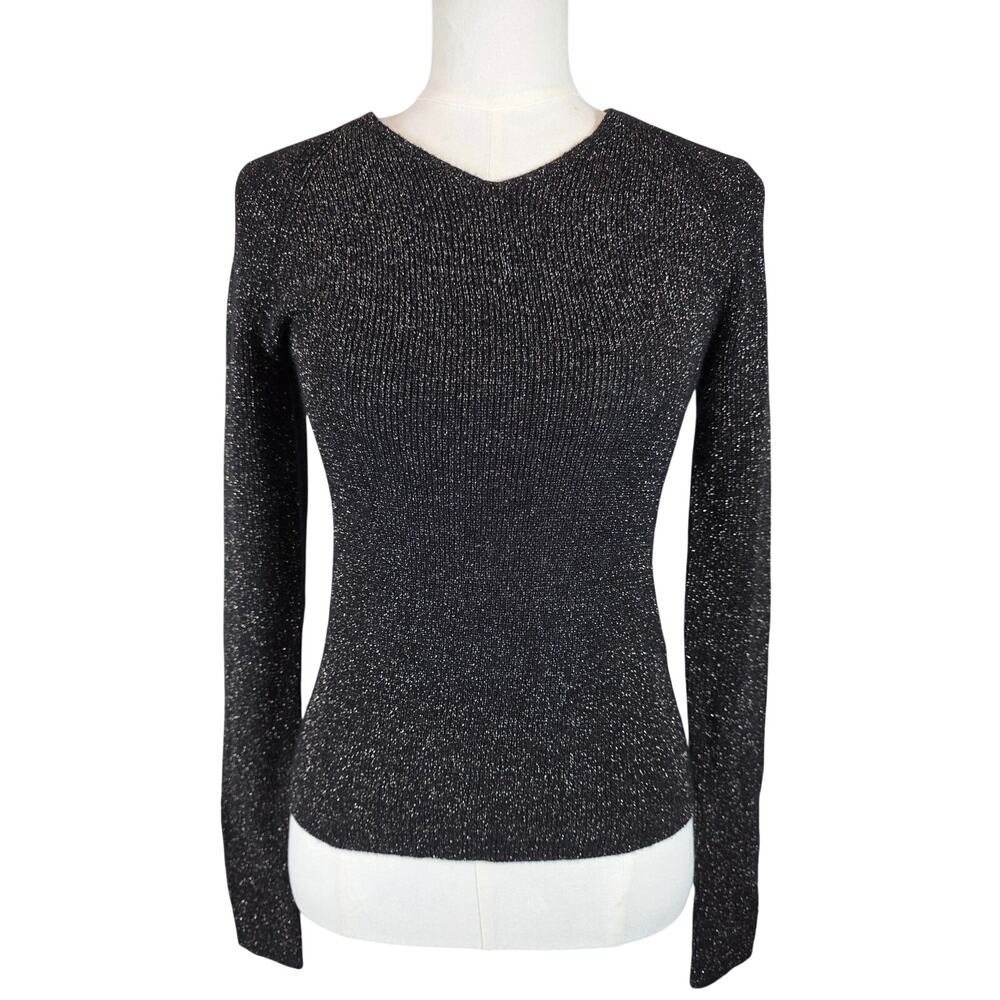VINCE Black V-Neck Ribbed Sweater w/Metallic Shimmer Thread